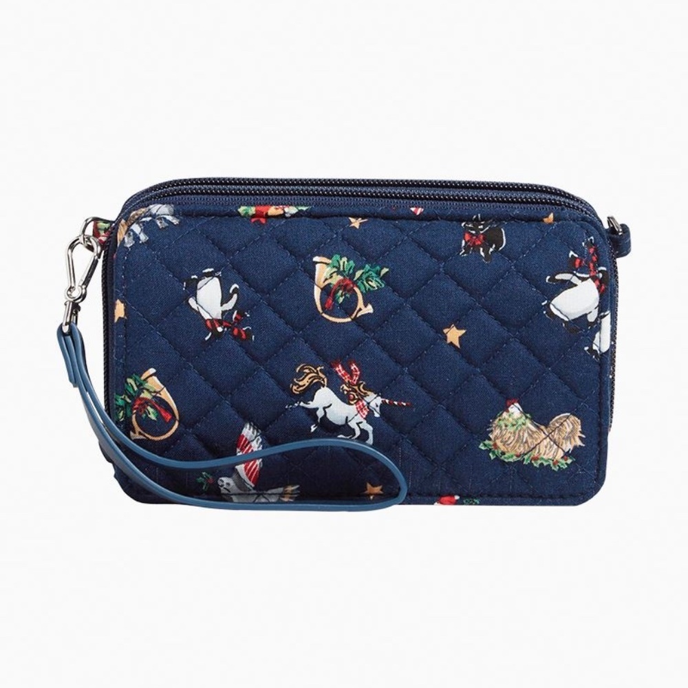 NWT Vera Bradley All in One Crossbody Bag RFID Snow Globe Motifs Holiday Navy